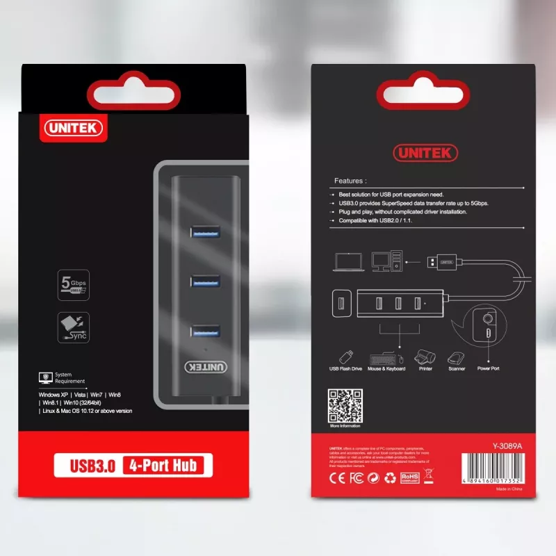 UNITEK Y-3089 interface hub USB 3.2 Gen 1 (3.1 Gen 1) Type-A 5000 Mbit/s Juoda