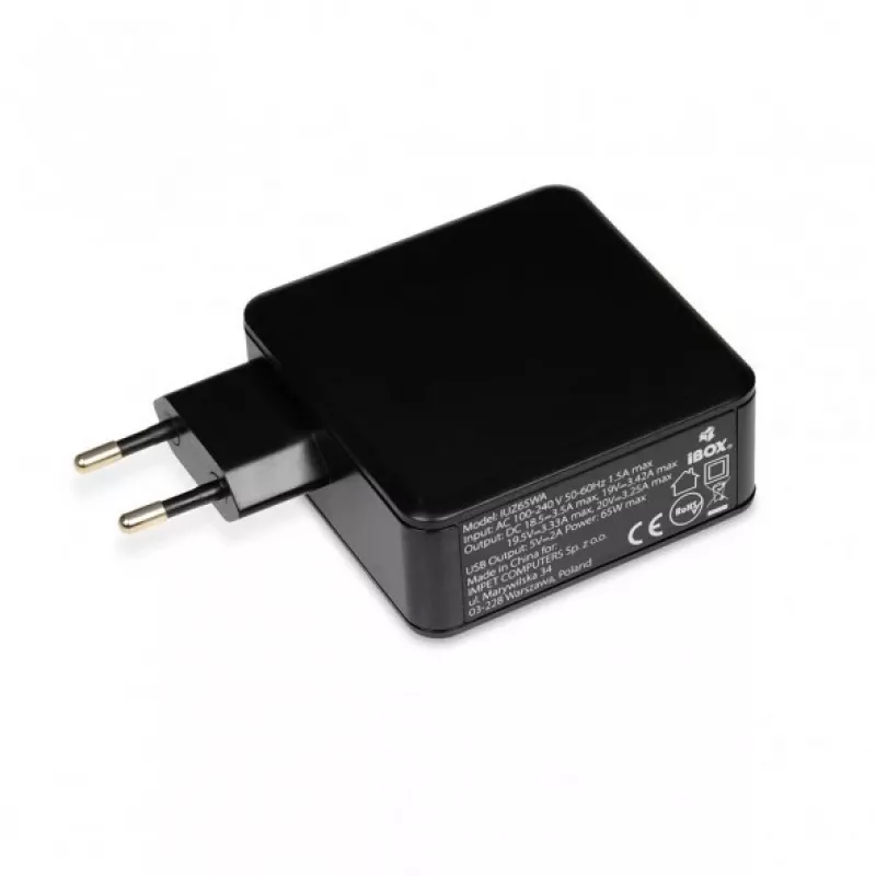 Nešiojamojo kompiuterio maitinimo adapteris IBOX IUZ65WA, AC-DC automatinis 100–240V → 18.5–20.5V, 65W, 1×USB, juodas