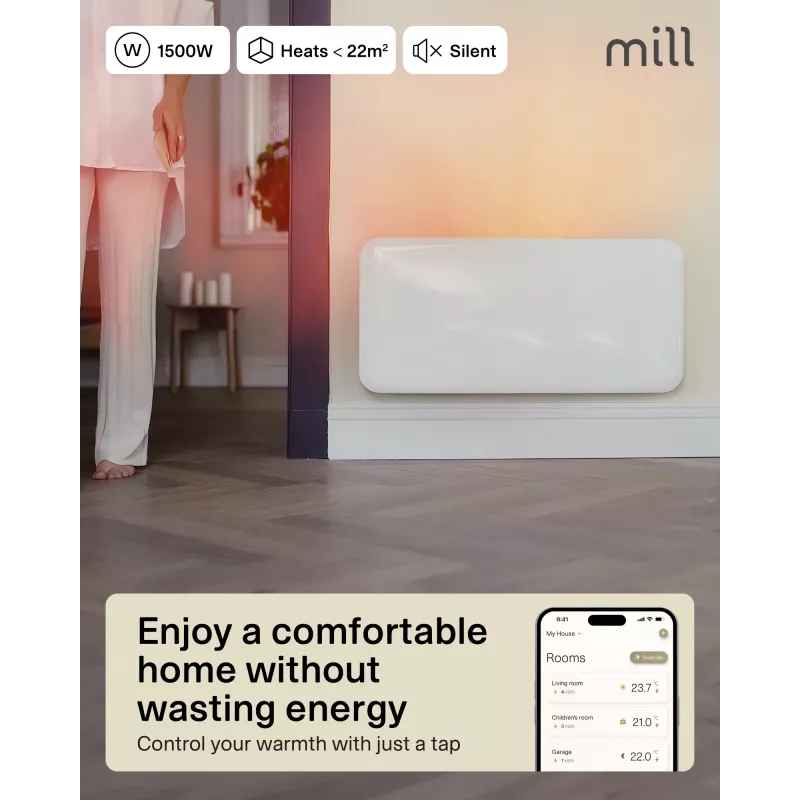 Mill WiFi skydinis šildytuvas | PA1500WIFI4A | Skydinis šildytuvas | 1500 W | Tinka patalpoms iki 22 m² | Balta | IPX4