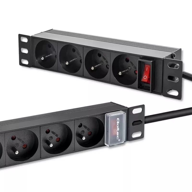 Qoltec aliumininis PDU 10'' stelui | 1U | 16A | 4xPRANCŪZIŠKI | 1,8 m
