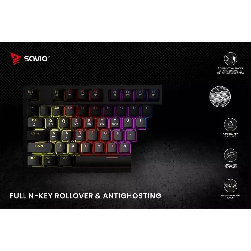 Savio Phenix SAVGK-RED klaviatūra, skirta žaidimams, USB, RF belaidė, Bluetooth, QWERTY