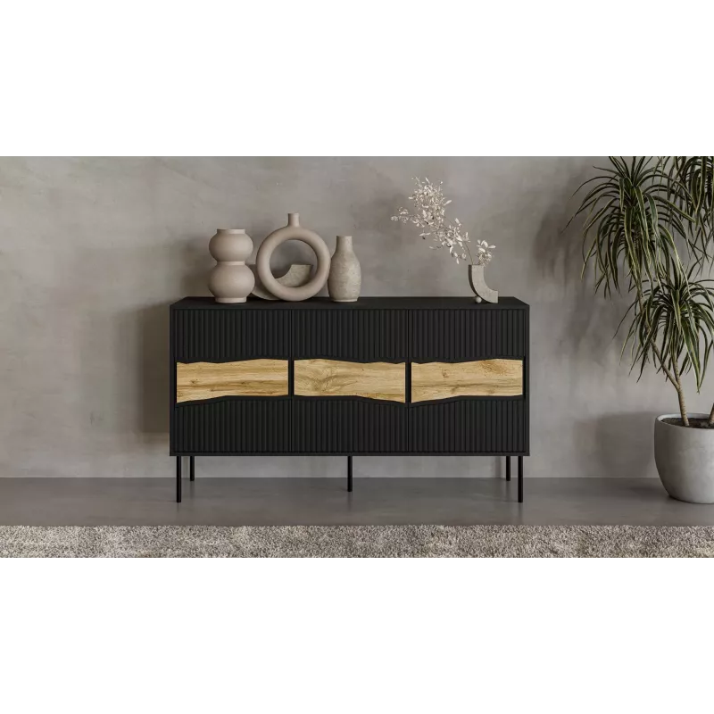 Komoda cama meble INSERTO 3D 143.5×40×80 cm juoda su LED, medžio drožlių plokštė, 16 mm rėmas