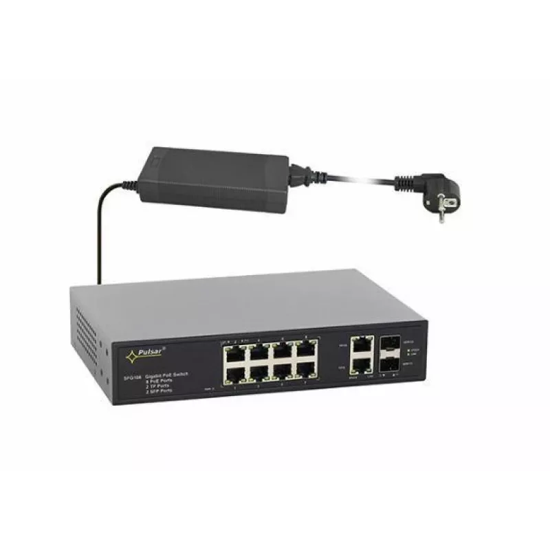 Pramoninis PoE komutatorius TP-LINK SFG108 — 12 prievadų PoE, 802.3af/at palaikymas