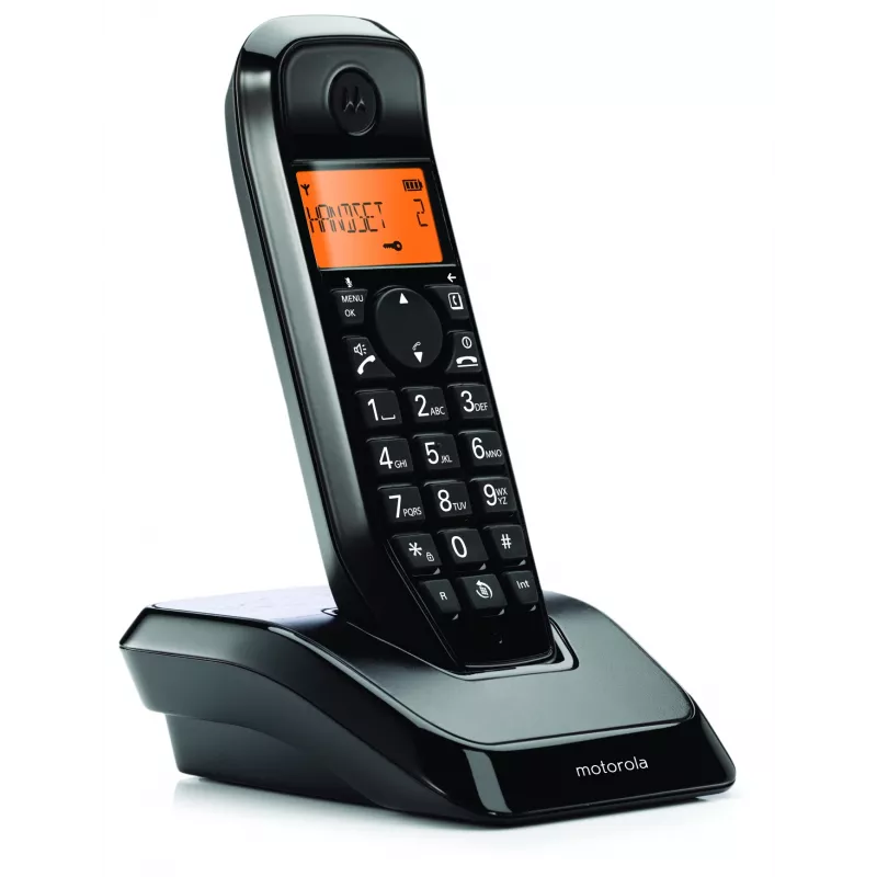 DECT telefonas Motorola S1201 — belaidis ragelis, laisvų rankų garsiakalbis, skambintojo ID, 50 vietų telefonų knyga, juodas