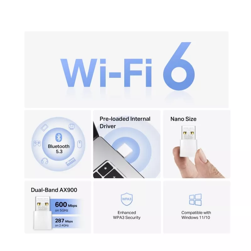 WiFi USB adapteris MERCUSYS MA60XNB AX900 su Bluetooth 5.0