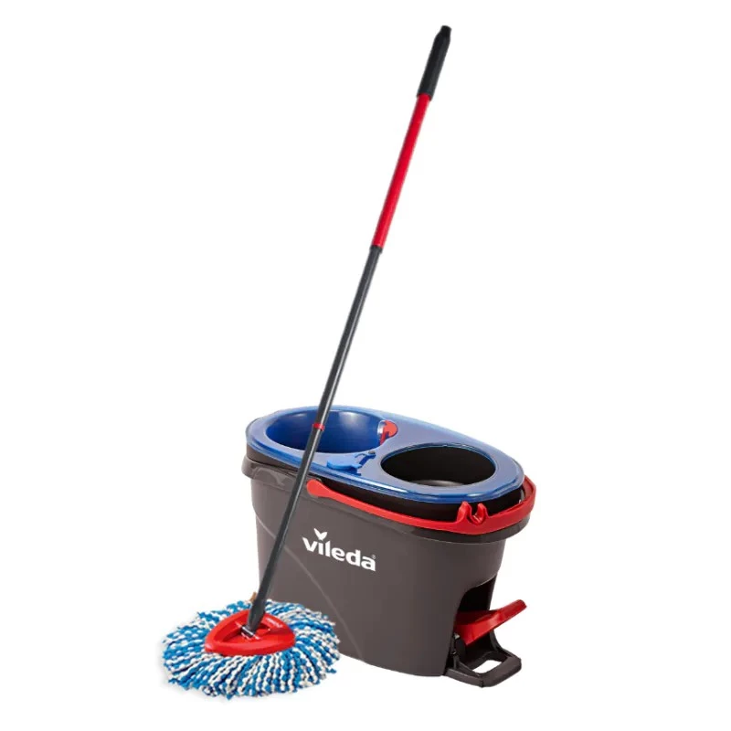 Grindų šluota VILEDA Microfibre 320 mm, teleskopinė rankena 55–123 cm, plaunama, 360° besisukanti galvutė, juoda/mėlyna/raudona