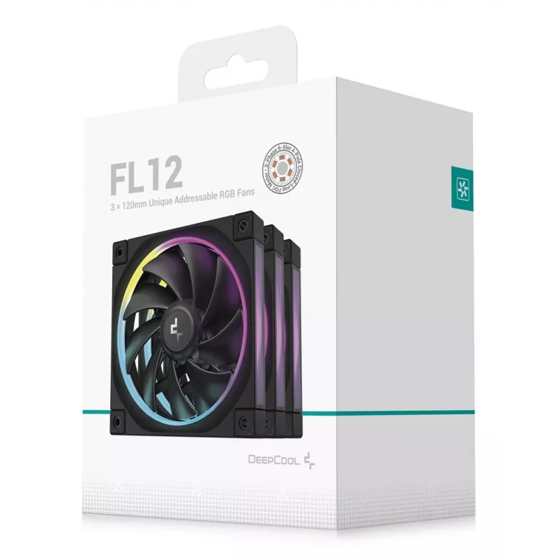120 mm PC ventiliatorius DeepCool FL12 3-in-1 Juoda, 120×25 mm, 2150 RPM, Fluid Dynamic Bearing, PWM, 55 CFM, 32 dB, 3 vnt. pakuotė