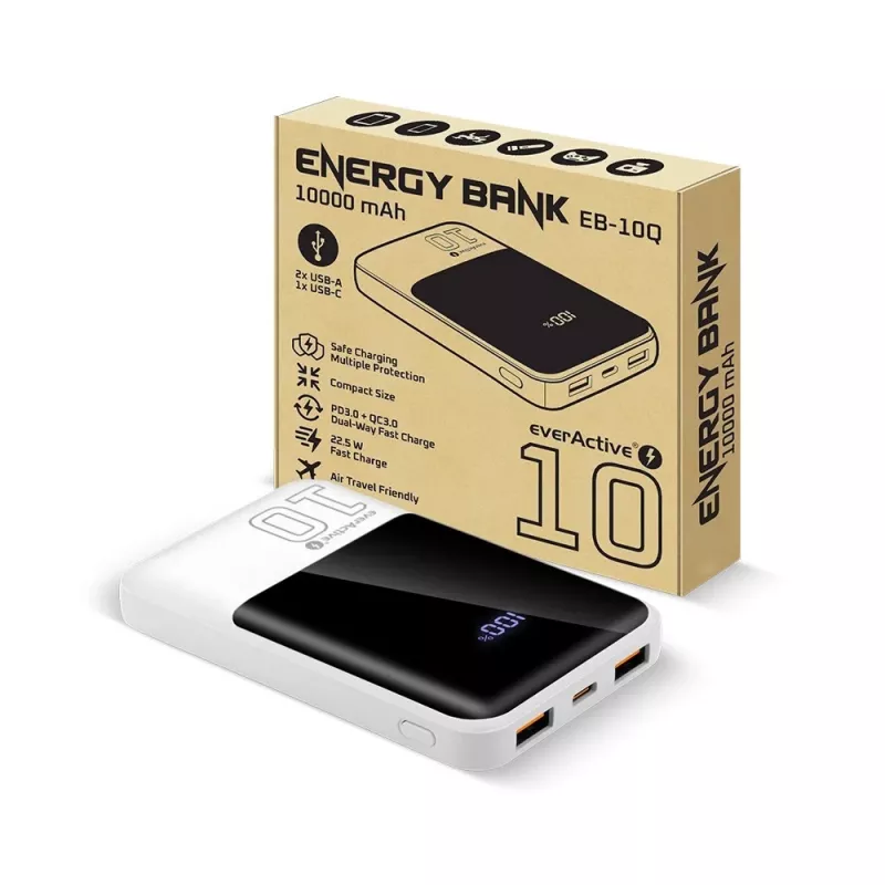 Išorinė baterija everActive EB-10Q 10 000 mAh, 2× USB išėjimai, 22,5 W QC4.0