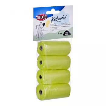 Išmatų maišeliai Trixie Lemon Scented M — 20 vnt. ritinyje, 4 ritinėliai (80 maišelių), geltonas plastikas