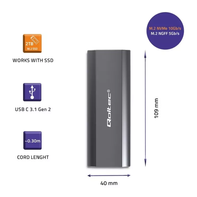 Qoltec 52271 saugojimo diskų dėklas SSD dėklas Pilka M.2