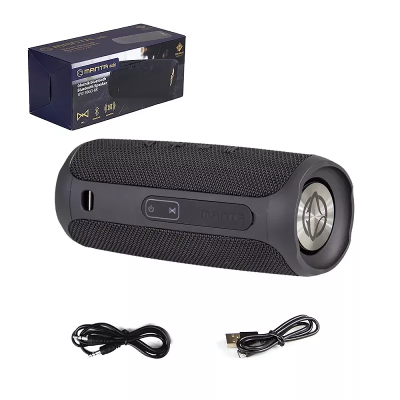 Nešiojamas garsiakalbis MANTA SPK130GO BT — Bluetooth 5.0, TWS, FM, 10 W RMS, įkraunamas (juodas, 8×8×19 cm)