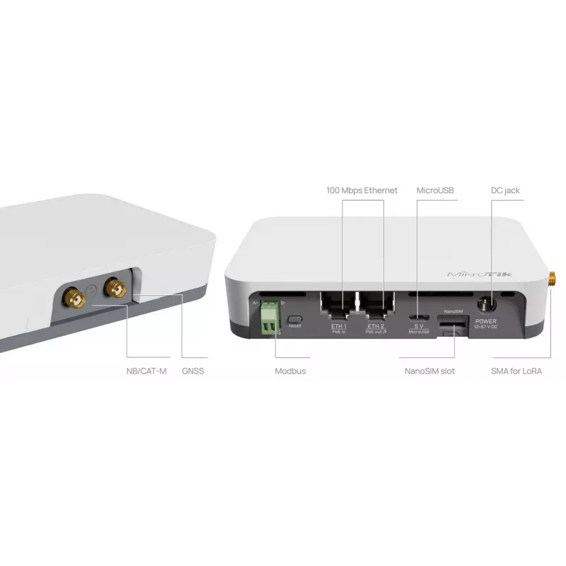 Tinklų sietuvas / valdiklis MikroTik KNOT LR8G — Vienos juostos 2,4 GHz, 100 Mbit/s Ethernet, QCA9531 650 MHz, RS-485, NanoSIM