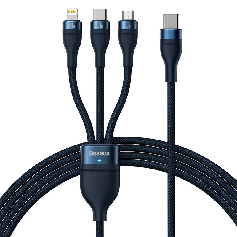 3in1 USB laidas Baseus Flash Series 2, USB-C + micro USB + Lightning, 100W, 1,5 m (mėlynas)
