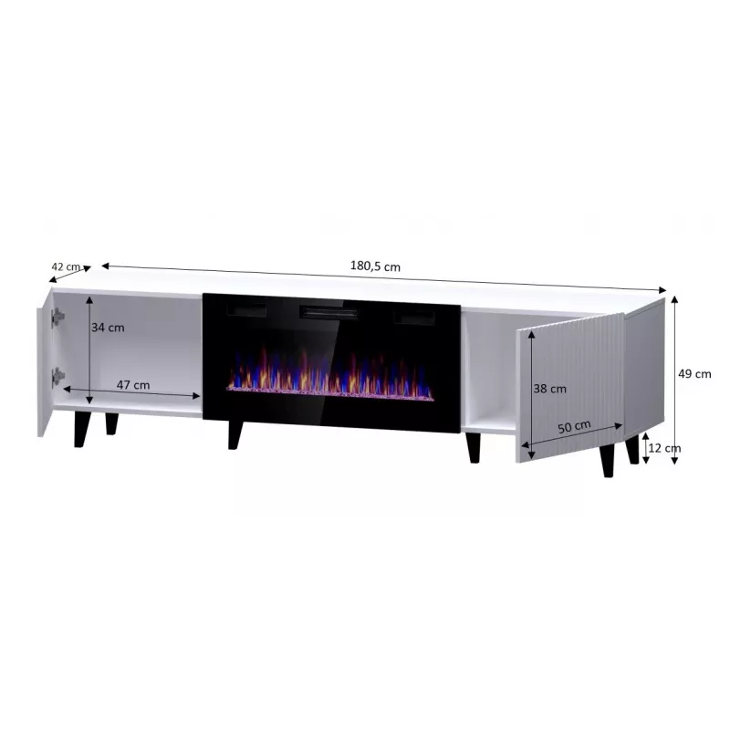 TV spintelė Cama Meble PAFOS EF su elektriniu židiniu 180×42×49 cm, balta matinė