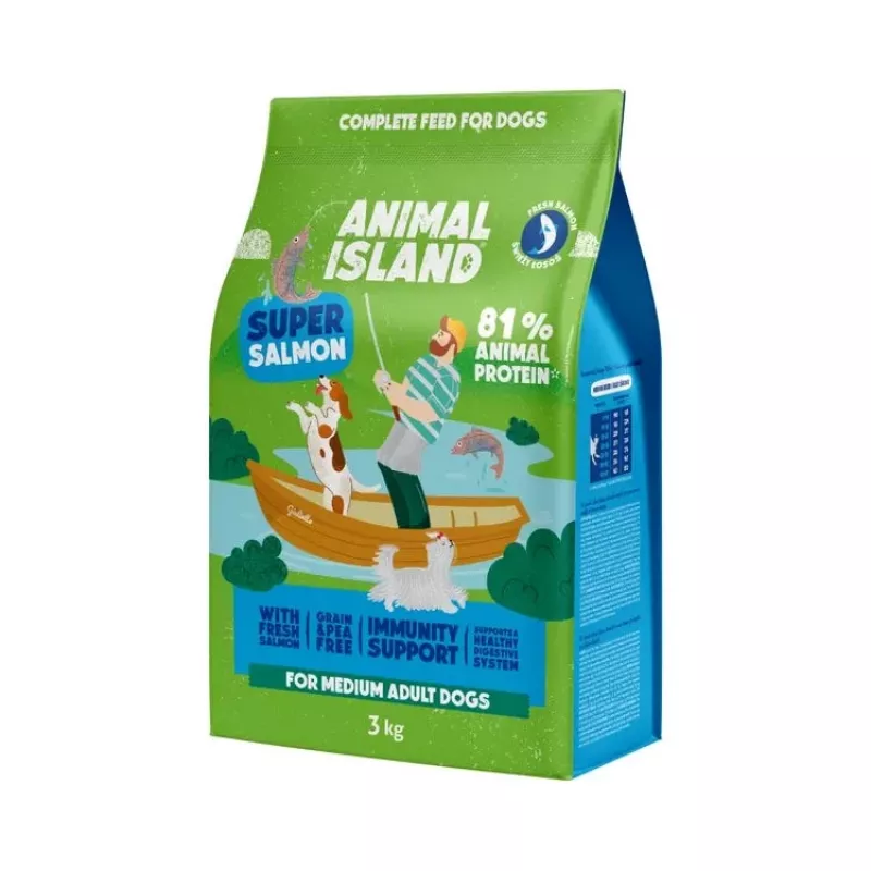 Sausas šunų ėdalas animal island Super Salmon — suaugusiems, be grūdų, 3 kg, 32% baltymų, 16% riebalų