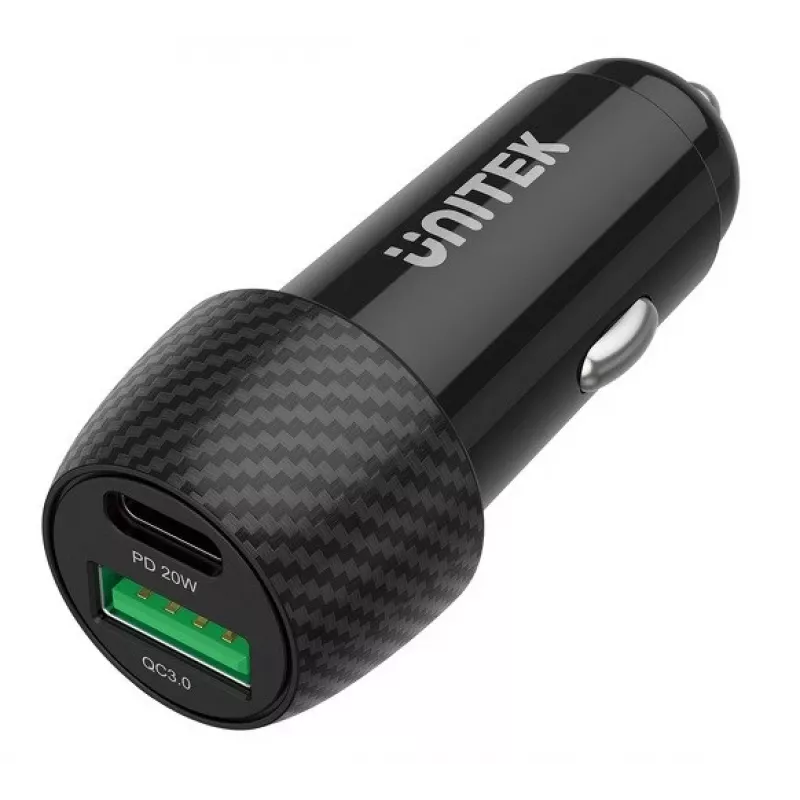 Automobilinis kroviklis Unitek P1400A su USB-C ir USB-A, 38W, Quick Charge 3.0, įėjimas 12–24V, juodas