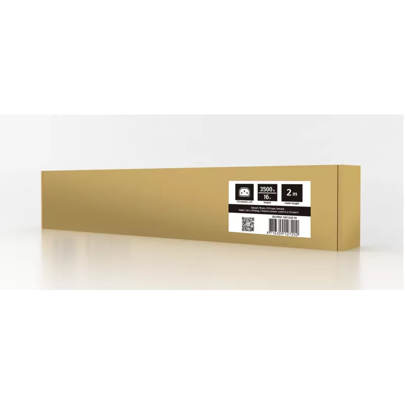 Maitinimo skirstytuvas GEMBIRD EG-PDU-10C132C19 — 10× C13 lizdų, 1U stovo, 16 A C19 įvestis, 2 m laidas, 3500 W