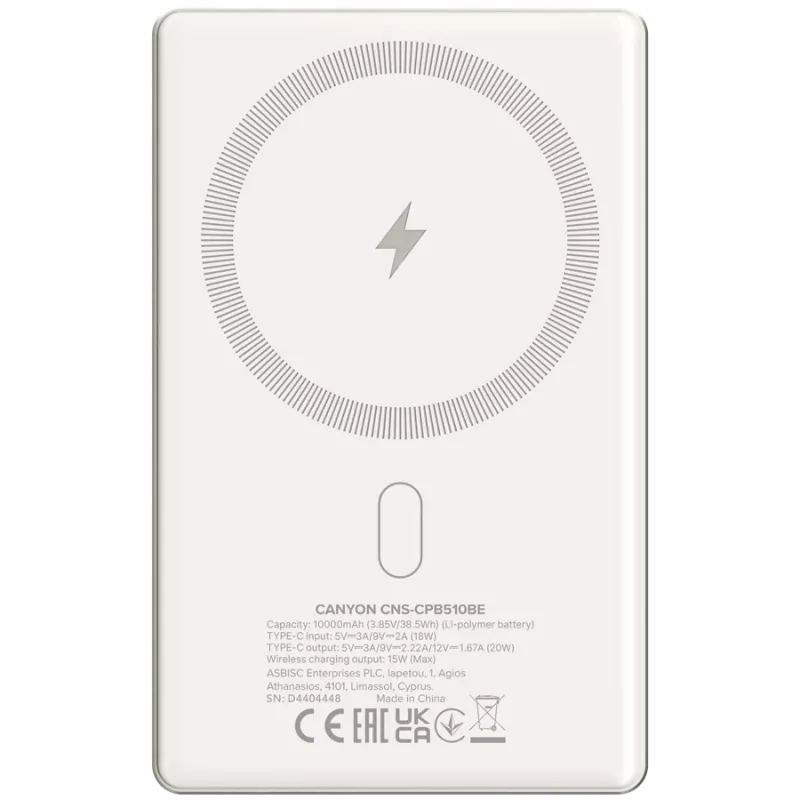 Canyon OnCharge 510 - Powerbank - 10.000 mAh - į USB-C - iš USB-C PD 20W + belaidis magnetinis
