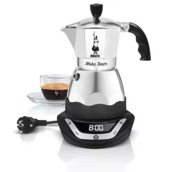 Elektrinis moka puodas BIALETTI 3 puodeliams Moka Timer, programuojamas LED ekranas, aliuminio korpusas, ąsotėlio rezervuaras