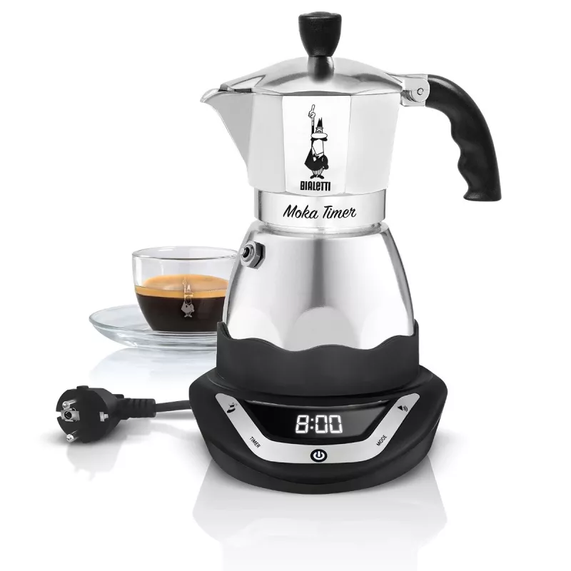 Elektrinis moka puodas BIALETTI 3 puodeliams Moka Timer, programuojamas LED ekranas, aliuminio korpusas, ąsotėlio rezervuaras