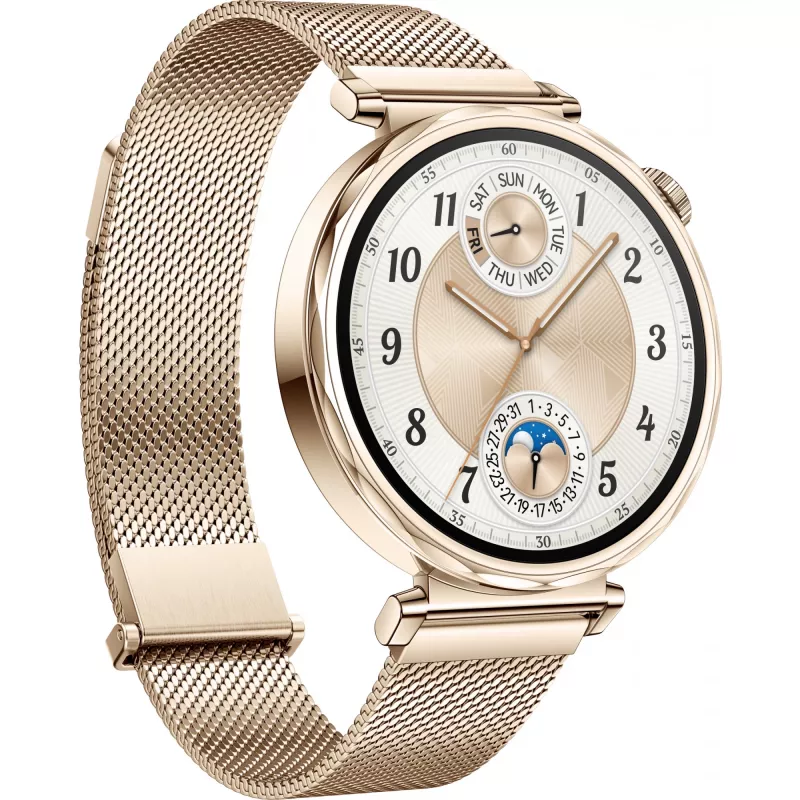 Išmanusis laikrodis HUAWEI WATCH GT5 41 mm — 1,32 colio AMOLED, 466×466, 323 mAh, nerūdijančio plieno korpusas, auksinė apyrankė