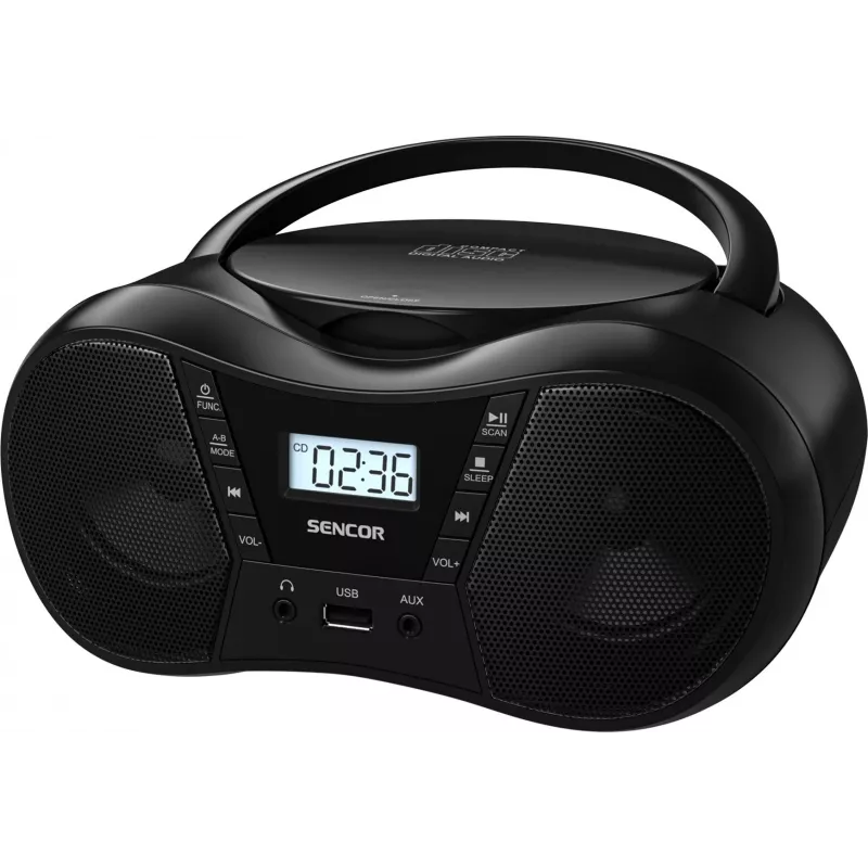Boombox SENCOR SPT2300BK — CD grotuvas, MP3, USB, Bluetooth 5.1, FM, AUX, 4 W, baterija/AC