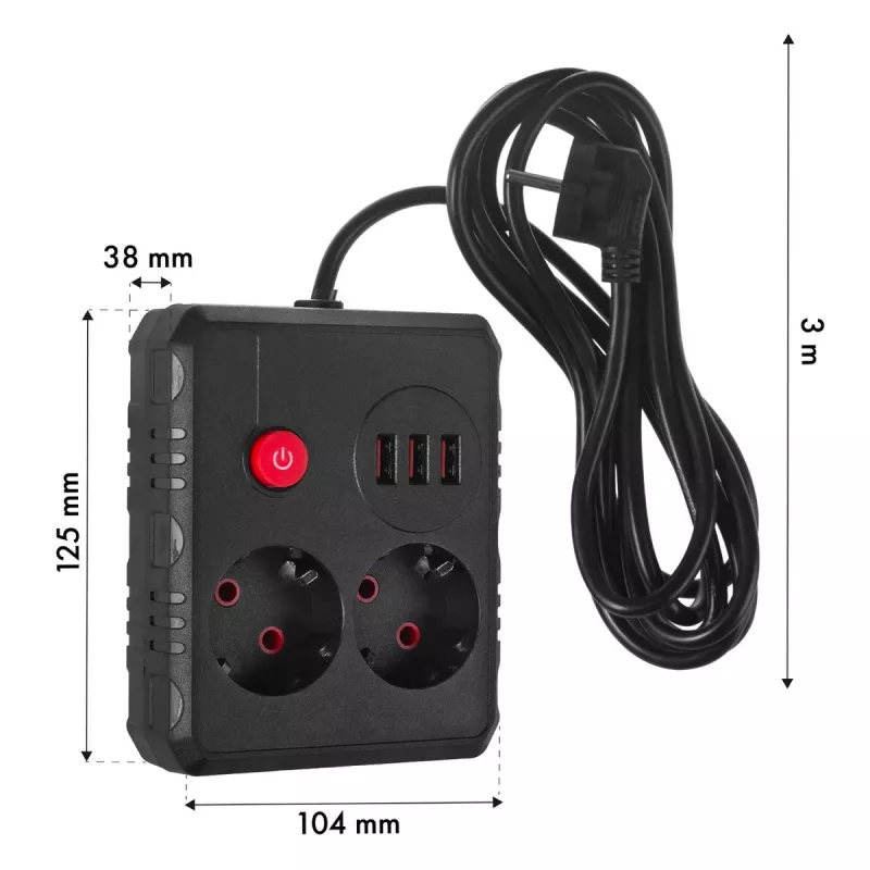 Kištukinis lizdas MACLEAN MCE388 B — 2 kintamosios srovės lizdai, 3×USB A, 110–120V 50/60Hz, 2500W, 3 m laidas, juodas