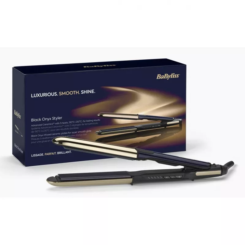 Tiesintuvas plaukams BABYLISS ST484E — Keraminės plokštelės, Warm technologija, 230V, 3,3 m laidas, juodas/auksinis