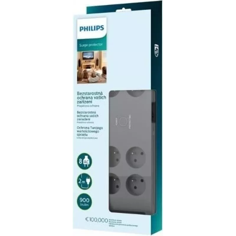 Apsaugos nuo viršįtampių įtaisas Philips SPN3180A/60 — 8 lizdai, 2,0 m kabelis