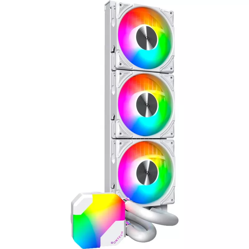 360mm radiatorius Montech HyperFlow ARGB 360 baltas — 360mm skysčio aušinimo radiatorius asmeniniam kompiuteriui