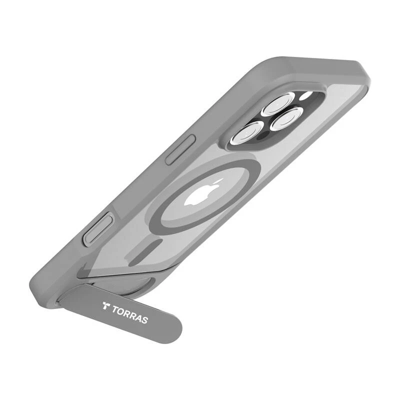 Apsauginis telefono dėklas Torras Pstand Series, skirtas iPhone 16 Pro Max, pilkas, plonas profilis su integruotu stovu