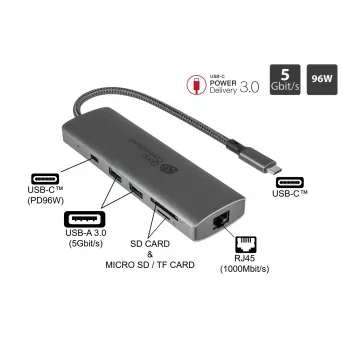 Alcasa HUB-C001A sąsajos šakotuvas USB Type-C 5000 Mbit/s antracitinis
