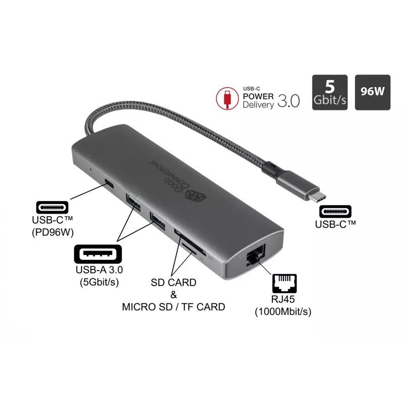 Alcasa HUB-C001A sąsajos šakotuvas USB Type-C 5000 Mbit/s antracitinis