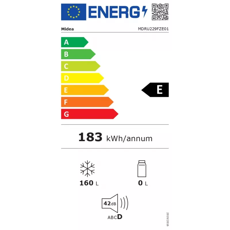 Midea šaldiklis | MDRU229FZE01 | Energinio efektyvumo klasė E | Vertikalus | Pastatomas | Aukštis 142 cm | Bendra naudingoji talpa 160 l | Baltas