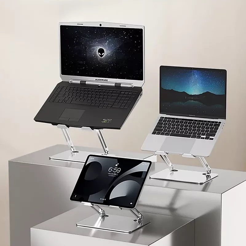 Nešiojamojo kompiuterio stovas MEDIA-TECH MT2661 — reguliuojamas aukštis, sulankstoma aliuminio konstrukcija nešiojamiesiems kompiuteriams iki 17 colių