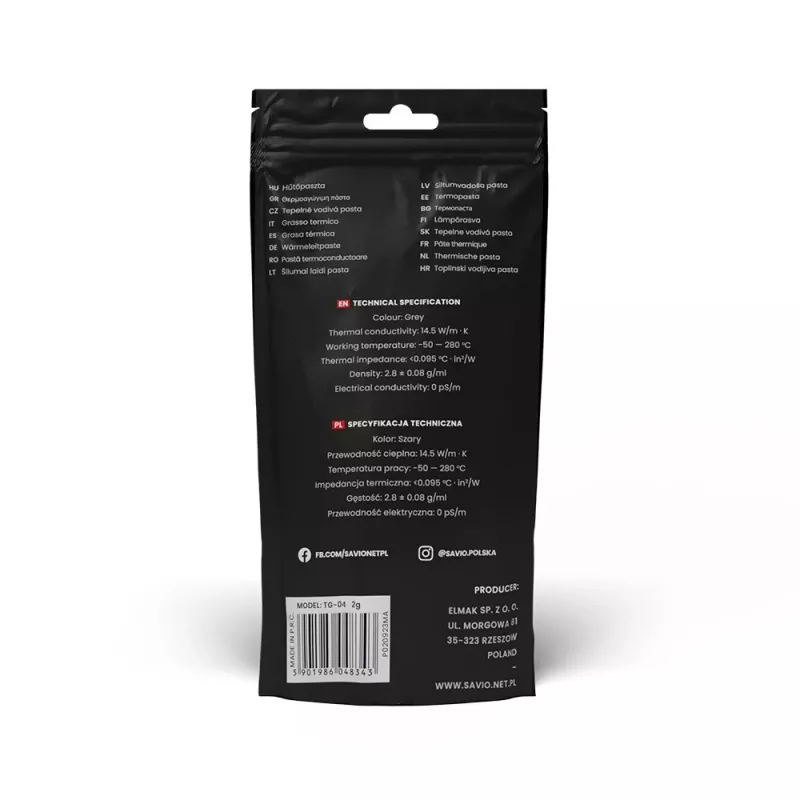Termo pastos SAVIO TG-04 2g — aukštos kokybės procesoriaus/grafinio procesoriaus termo tepalas, tankis 2,81 g/cm³, pilka, 2 g