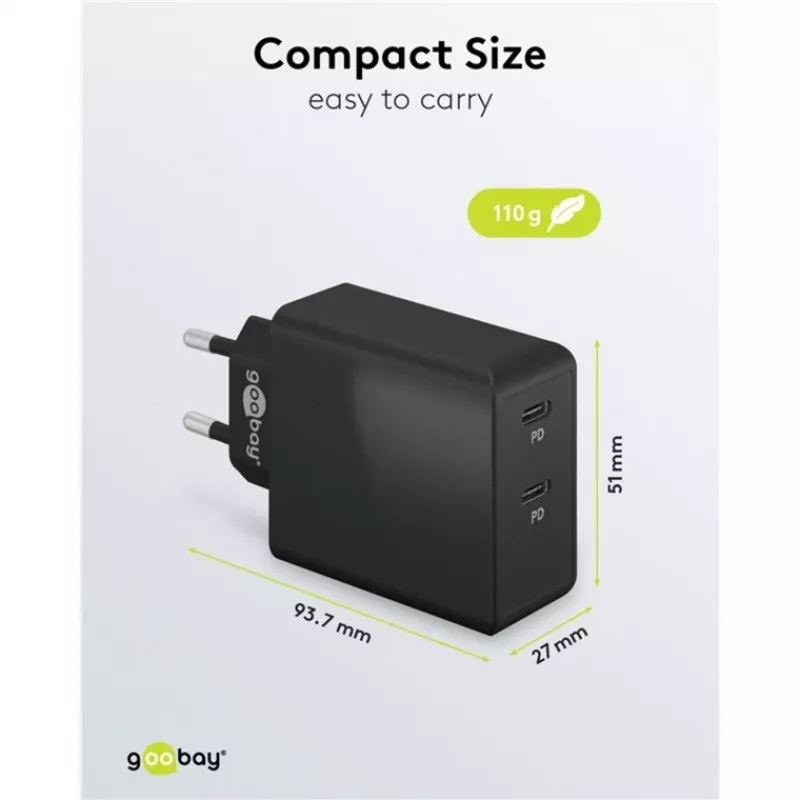 Vidinis įkroviklis Goobay 61757 Greitasis įkrovimas USB Type-C 2 prievadai Juodas