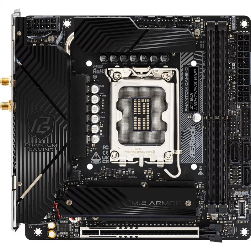 Pagrindinė plokštė ASRock Z790I LIGHTNING WIFI — Intel Z790, LGA 1700, Mini-ITX, DDR5 iki 8600 MHz, 2x DIMM, Wi‑Fi 6E, 2.5Gb LAN, 2x M.2