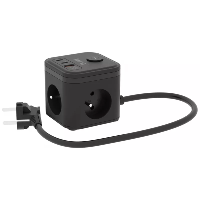 Maitinimo šakotuvas Kerg SMART – 3 kintamosios srovės lizdai F tipo su 3 USB (2×A + 1×C), 1,5 m kabelis, 16A 230V, juodas