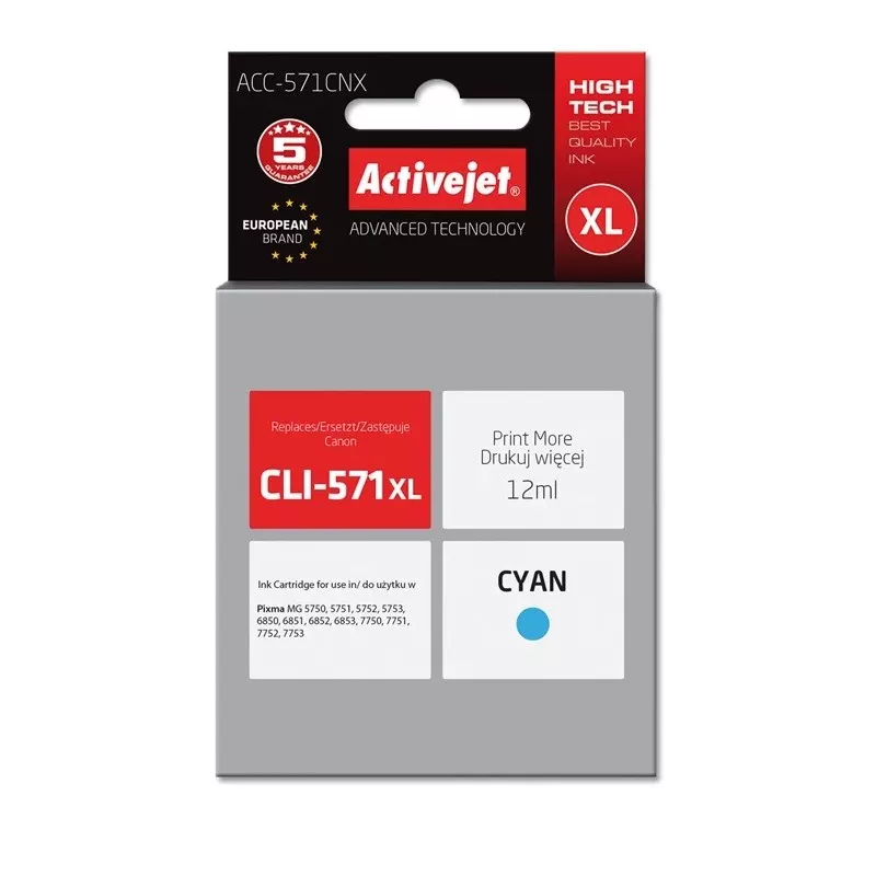 Activejet ACC-571CNX rašalas (pakaitalas Canon CLI-571XLC; Supreme; 12 ml; žydra)