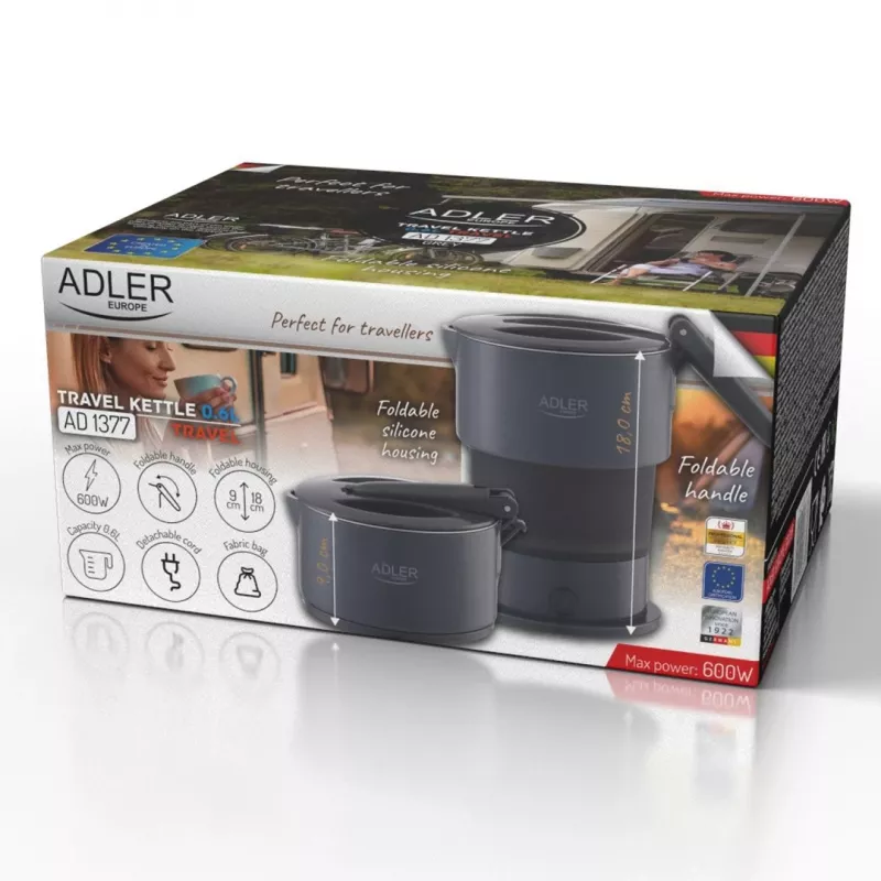 Elektrinis virdulys Adler AD 1377G, 0,6 L talpa, 600 W, pilkas, plastikas/silikonas/nerūdijantis plienas