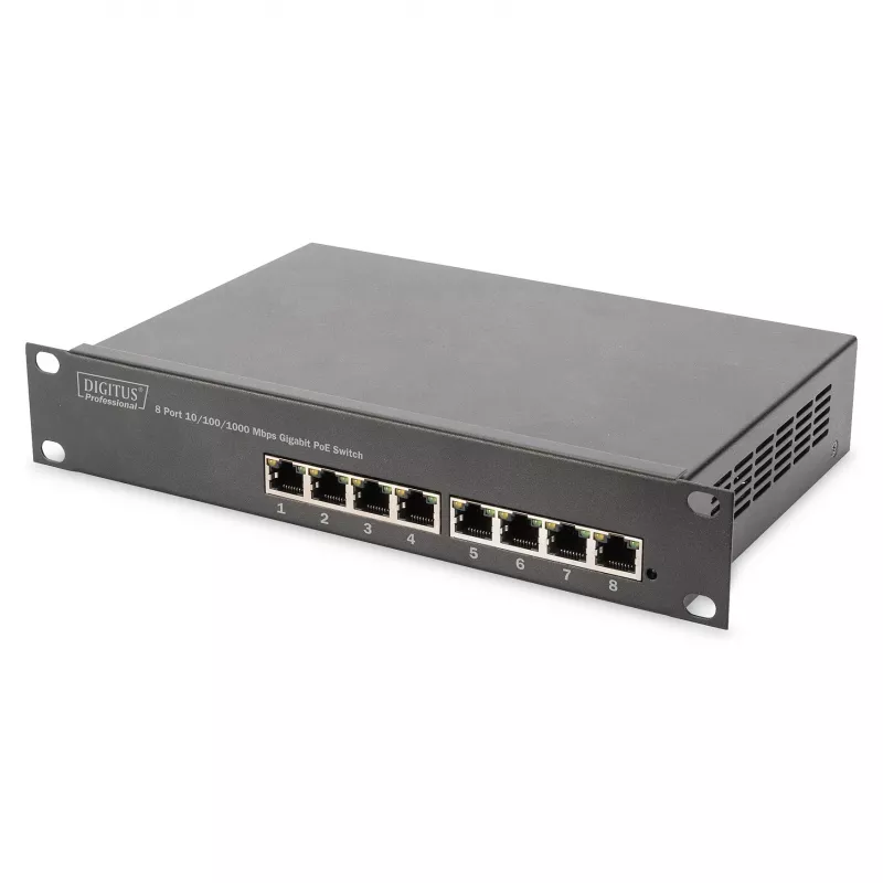 DIGITUS Gigabit Ethernet PoE komutatorius 8 prievadų PoE+ 10 colių stovas, iki 80 W PoE biudžeto