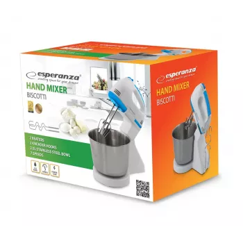 Stacionarus plaktuvas ESPERANZA EKM019WB — 150 W, 2,5 l talpos dubuo, 7 greičiai, tešlos kabliai, dvigubas plaktuvas, baltas