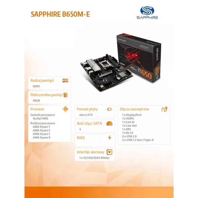 Pagrindinė plokštė Sapphire B650M-E (AMD B650) mikro ATX, lizdas AM5, DDR5, 2x DIMM, 96 GB, 2x M.2 (PCIe5/4), 4x SATA III, 2,5 Gb LAN