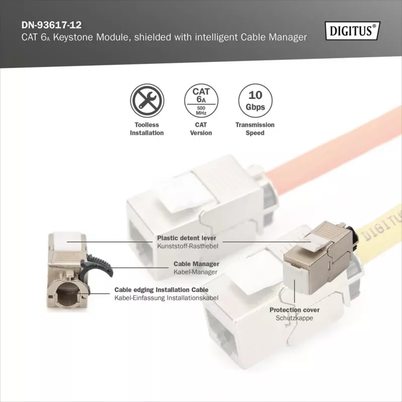 Keystone modulis DIGITUS CAT 6A ekranuotas su išmaniuoju kabelių tvarkikliu, plokščias RJ-45, 14,5×34,5×21 mm — 12 vnt.