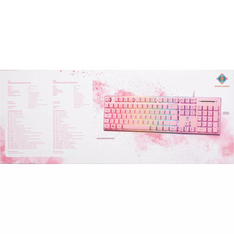 Deltaco GAM-021-RGB-P-DE - pilno dydžio (100%) - USB - membraniniai klavišai - QWERTZ - Rožinė
