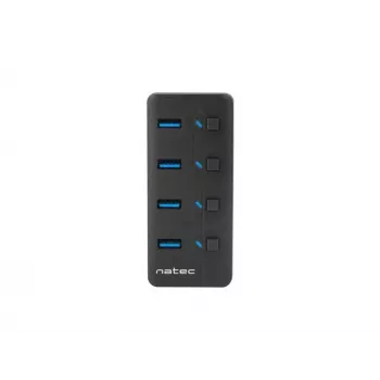 USB šakotuvas NATEC MANTIS USB 2.0 Type-B — 4x USB 3.2 Gen 1 Type-A prievadai, juodas, 0.8 m laidas, kintamosios srovės adapteris, maitinimo jungiklis