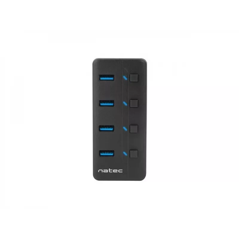 USB šakotuvas NATEC MANTIS USB 2.0 Type-B — 4x USB 3.2 Gen 1 Type-A prievadai, juodas, 0.8 m laidas, kintamosios srovės adapteris, maitinimo jungiklis