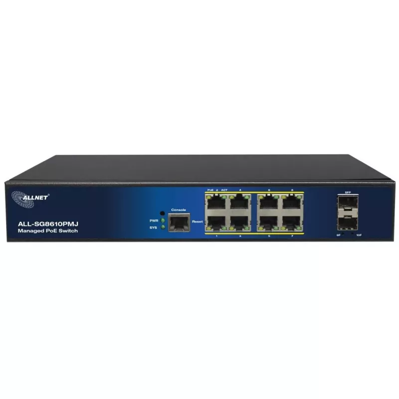 Valdomas 10 prievadų PoE komutatorius ALLNET ALL-SG8610PMJ su 8 PoE+ prievadais ir 2 aukštynkrypčiais prievadais