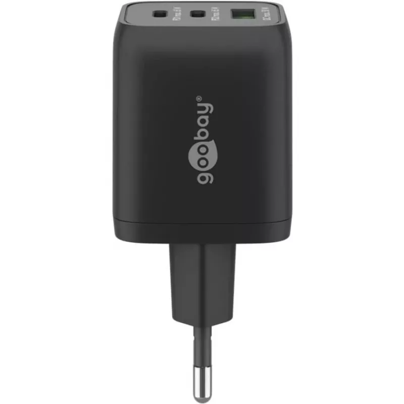 USB-C greitasis įkroviklis Nano, PD, GaN, 65 W, USB-C pintas laidas (juodas, 1x USB-A, 2x USB-C PD, greitasis įkrovimas 3.0, 1 metro laidas)